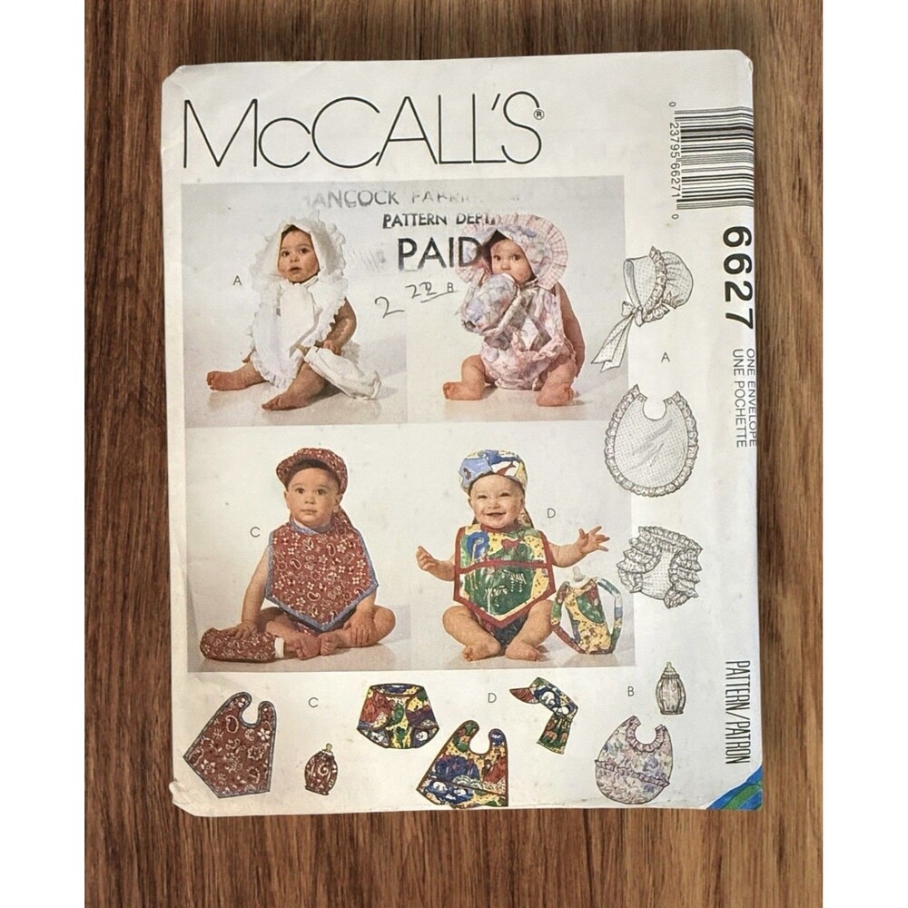 Vintage McCall's 6627 Infants Baby Bib Hat Diaper Cover Bottle Pattern Uncut